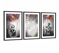 Novart Ensemble de tableaux décoratifs encadrés style Banksy pour enfants - Décoration murale moderne pour salon, chambre et couloir - Set de 3 images grises - N137436aR2