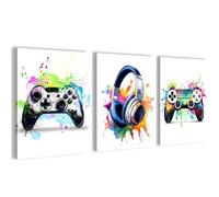 Novart Ensemble de tableaux pour console de jeu Gamer - COMPLÈTEMENT PRÊT À ACCROCHAGE - Décoration pour salle de jeux, garçons, adolescents - 3 images modernes blanches - N038735a