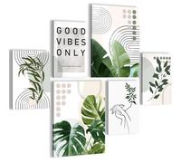 Novart PRÊT À ÊTRE ACCROCHÉ - Tableaux Decoration Set Abstrait Personnages Feuilles Beige Blanc Grun - Salon Chambre Couloir XXL Collage - N034363a