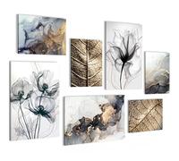 Novart PRÊT À ÊTRE ACCROCHÉ - Tableaux Decoration Set Fleurs Feuilles Or Gris Noir - Salon Chambre Couloir XXL Collage - N032572a