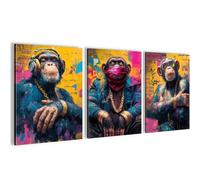 Novart Set de tableaux muraux Animaux - COMPLÈTEMENT PRÊT À ACCROCHER - Salon Chambre à coucher Bureau Déco - 3 Tableaux Modernes Singe - N040535a