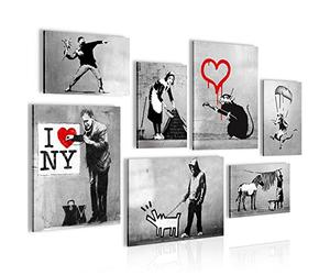 Novart- Tableau Décoration Murale- Banksy- I love NY- Decoration Chambre Salon- Prêt à être Accroché- 7 Cadres de 30x40 & 20x30 cm- Noir- N003271b