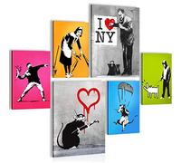 Novart- Tableau Décoration Murale- Banksy- Love NY- Decoration Chambre Salon- Prêt à être Accroché- 6 Cadres 30x40 & 20x30 cm- Multicolor- N022663a