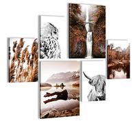 Novart- Tableau Décoration Murale- Cascade & Animaux- Decoration Chambre Salon- Prêt à être Accroché- 6 Cadres 30x40 & 20x30 cm- Brun- N005563a