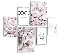 Novart- Tableau Décoration Murale- Fashion Coco- Decoration Chambre Salon- Prêt à être Accroché- 6 Cadres 30x40 & 20x30 cm- Rose- N000763a
