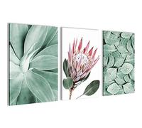 Novart- Tableau Décoration Murale- Feuilles Vertes Nature- Decoration Chambre Salon- Prêt à être Accroché- 3 Cadres de 40x60 cm- Vert- N005336a