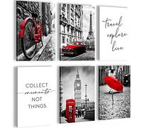 Novart- Tableau Décoration Murale- Londres- Paris- Decoration Chambre Salon- Prêt à être Accroché- 6 Cadres de 20x30 cm- Rouge- N024564a