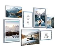 Novart- Tableau Décoration Murale- Nature- Montagne- Decoration Chambre Salon- Prêt à être Accroché- 7 Cadres de 30x40 & 20x30 cm- Bleu- N003671b