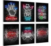 Novart- Tableau Décoration Murale- No Stop Gaming- Decoration Chambre Salon- Prêt à être Accroché- 6 Cadres de 30x40 cm- Noir- N027965a
