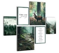 Novart- Tableau Décoration Murale- Wald Hirsch- Decoration Chambre Salon- Prêt à être Accroché- 6 Cadres 30x40 & 20x30 cm- Vert- N004663a