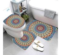 Novastar Lot de 3 tapis de salle de bain ronds à motif mandala, lavables, couvre-abattant de WC, tapis de contour, tapis de douche, tapis de bain pour salle de bain, baignoire, WC