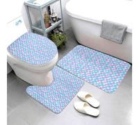 Novastar Lot de 3 tapis de salle de bain tendance et lavables en forme d'écailles de poisson bleu et rose, tapis de contour pour abattant de toilette, tapis de douche doux et absorbant pour salle de