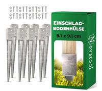 Novatool Lot de 8 douilles de sol à enfoncer 91 x 91 x 750 mm, douille de sol, parasol, support de poteau, poteau en bois, douille à enfoncer, piquets de sol, galvanisés, avec vis