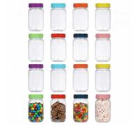 novelinks Lot de 16 bocaux en plastique de 473,6 g avec couvercles colorés, bocaux Mason à large goulot de 473,6 g avec couvercles, récipients en plastique pour décoration de stockage