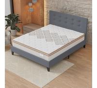 Ensemble MATELAS + LIT (140x200cm)- Errakis 28cm Ressorts ensachés & Mousse HDensité + Sommier stable & tête de lit revêtement Gris