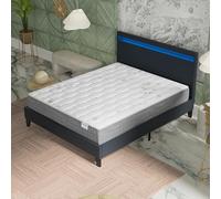 NOVEMBER- Ensemble Matelas + LIT (140x200cm)- Matelas Galice 25cm Ressorts ensachés& Mémoire de Forme+ Sommier tête de lit LED Stable & Robuste revêtement synthétique Noir