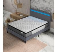 NOVEMBER- Ensemble Matelas + LIT (160x200cm)- Matelas Elekctra 30cm Ressorts ensachés & Mémoire de Forme+ Sommier tête de lit LED Stable & Robuste revêtement synthétique Gris