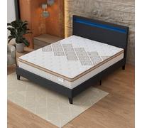 Ensemble MATELAS + LIT (160x200cm)- Errakis 28cm Ressorts ensachés & Mousse HDensité + Sommier stable & tête de lit LED Noir
