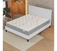 Ensemble MATELAS + LIT (160x200cm)- Essem 25cm Ressorts ensachés & Mousse HDensité + Sommier stable & tête de lit revêtement Blanc