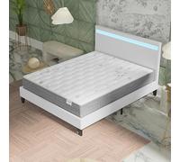 NOVEMBER- Ensemble Matelas + LIT (160x200cm)- Matelas Galice 25cm Ressorts ensachés& Mémoire de Forme+ Sommier tête de lit LED Stable & Robuste revêtement synthétique Blanc
