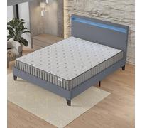 NOVEMBER- Ensemble Matelas + Sommier & tête de lit LED (140 x 190cm)- Matelas Orionis Mousse Mémoire de Forme d’épaisseur 16cm + Lit Stable & Robuste, revêtement synthétique Gris