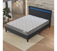 November- Ensemble Matelas + Sommier & tête de lit LED (140 x 200cm)- Matelas Orionis Mousse Mémoire de Forme d’épaisseur 22cm + Lit Stable & Robuste, revêtement synthétique Noir