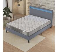 NOVEMBER- Ensemble Matelas + Sommier & tête de lit LED (160 x 200cm) - Matelas Latex Naturel d’épaisseur 16cm + Lit Stable & Robuste, revêtement synthétique Gris