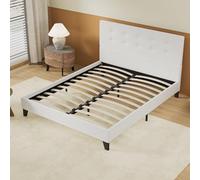 Lit 120x190cm simili cuir blanc avec tête de lit boutonnée, sommier lattes en bois Blanc