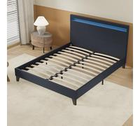 NOVEMBER- Lit avec sommier & Tête de lit LED - 140 x 190cm - Revêtement synthétique Noir - Stable et Robuste avec Pieds centraux de Renfort