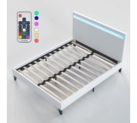 Lit Double avec sommier et tête de lit LED 140 x 200cm-Blanc- Stable et Robuste- Pieds centraux de Renfort