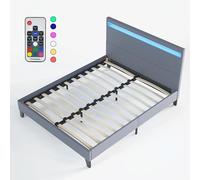 Lit Double avec sommier et tête de lit LED 140 x 200cm-Gris- Stable et Robuste- Pieds centraux de Renfort