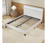 NOVEMBER- Lit avec sommier & Tête de lit LED - 160 x 200cm - Revêtement synthétique Blanc - Stable et Robuste avec Pieds centraux de Renfort