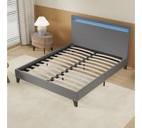 NOVEMBER- Lit avec sommier & Tête de lit LED - 160 x 200cm - Revêtement synthétique Gris - Stable et Robuste avec Pieds centraux de Renfort