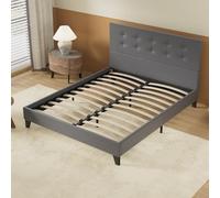 NOVEMBER- Lit Double Couchage - sommier & Tête de lit capitonnée - 140 x 190cm - Revêtement synthétique Gris - Stable et Robuste avec Pieds centraux de Renfort