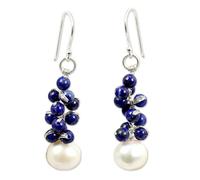 NOVICA Femme Lapis Lazuli Cultured perles d'eau douce en argent plaqué perles Boucles d'oreilles Sonata Bleu '