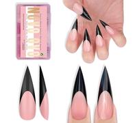 NOVO OVO Black French Tips Lot de 160 faux ongles longs XL Sharp Stiletto - Rose bébé - Gel souple extra épais - Double mat - Couverture complète - Pour le bricolage - 16 tailles