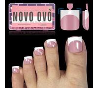 NOVO OVO French Tip Toe Nail Tips Press on, Extension de faux ongles en gel doux carré, BERRY PINK Pré-appliqué Tip Primer & Base Coat, Couverture complète Acrylique pour DIY x 15 Tailles 240 pcs