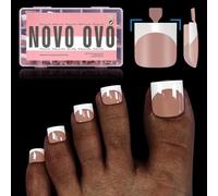 NOVO OVO French Tip Toe Nail Tips Press on, Extension de faux ongles en gel doux carré, BROWN PINK Pré-appliqué Tip Primer & Base Coat, Couverture complète Acrylique pour DIY x 15 Tailles 240 pcs
