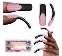NOVO OVO Lot de 144 faux ongles incurvés en acrylique pour Halloween - Noir - XXL - Manucure française - À presser sur la fraise - Couverture complète - Extra épais - Longue XL - En acrylique - Faux