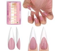 NOVO OVO Lot de 160 faux ongles blancs à bout français longs et pointus XL - Rose baie - Extra épais - Gel souple - Double mat - Couverture complète - Pour bricolage en acrylique - 16 tailles