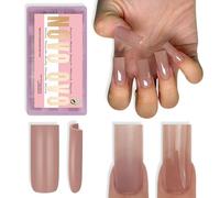 NOVO OVO Lot de 180 faux ongles carrés à presser - Couleur pure - Marron/rose - Gel de construction extra épais et couche de finition et colle - Pour bricolage - 15 tailles