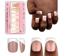 NOVO OVO Lot de 224 faux ongles extra courts à pointe française blanche, taille XS XXS carrée, ronde, marron et rose, pour lits d'ongles larges et courts, couverture complète épaisse, à presser pour