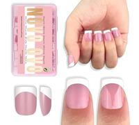 NOVO OVO Lot de 224 faux ongles extra courts à pointe française blanche, taille XS XXS carrée, rose baie, pour lits d'ongles larges et courts, couverture complète épaisse, à presser pour homme et