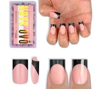 NOVO OVO Lot de 240 faux ongles courts Sharp Square Black French Tips Press on Baby Pink - Ongles carrés courts et tranchants - Colle à ongles - Couverture complète - Pour bricolage - 15 tailles