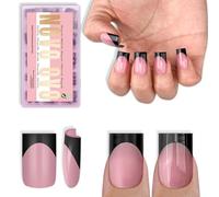 NOVO OVO Lot de 240 faux ongles courts Sharp Square Black French Tips Press on Berry Pink - Ongles carrés courts et tranchants - Colle à ongles - Couverture complète - Pour bricolage - 15 tailles