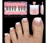 NOVO OVO Lot de 240 faux ongles d'orteils à presser ombrés à bout français - Carré pointu - En gel souple - Rose layette - Apprêt et couche de base - Couverture complète en acrylique - 15 tailles