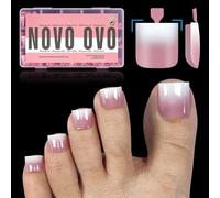 NOVO OVO Lot de 240 faux ongles d'orteils à presser ombrés à bout français - Carré pointu - En gel souple - Rose baie - Apprêt et couche de base - Couverture complète en acrylique - 15 tailles