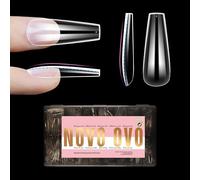 NOVO OVO Lot de 450 faux ongles naturels en forme de cercueil pour ongles plats, forme ballerine pour ongles incurvés, ongles artificiels extra longs et épais, couverture complète x 15 tailles