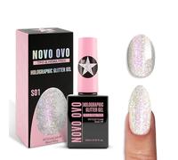 NOVO OVO Vernis à ongles à paillettes, réfléchissant, S01 Silver Stardust (effet diamant), sans TPO et HEMA - Gel UV Sparkly Holographic Flash - Soak Off LED - Manucure pour bricolage et salon de