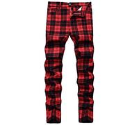 NOVOCCT Plaid Panst for Men - Skinny Mens Dress Pants - Stretch Slim Fit Business Casual Dress Chinos Pants for Men (Black Red Plaid - T2, 28)